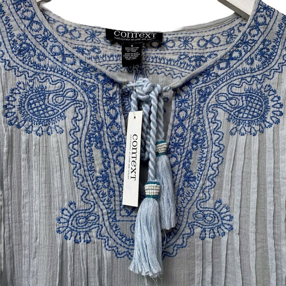 CONTEXT Boho Top Size Small Blue Embroidered Cotton Crinkle Gauze - Picture 3 of 11